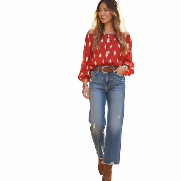 Vince Camuto Balloon Sleeve Silky Loose Drapey Top Blouse Off Shoulder Crew Dots - Picture 4 of 14